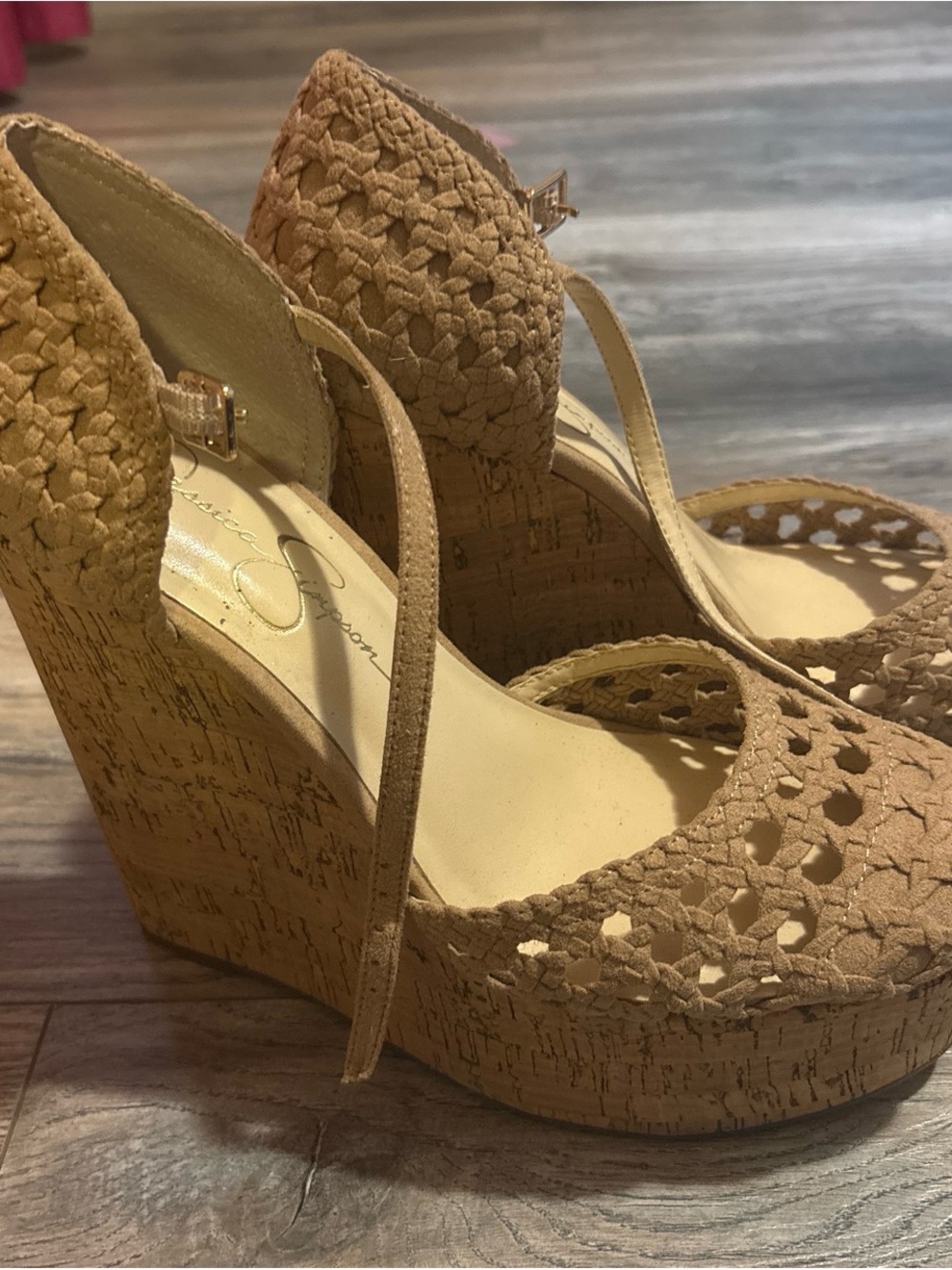 Jessica Simpson Tan Crochet Wedge Sandals with Cork Platform